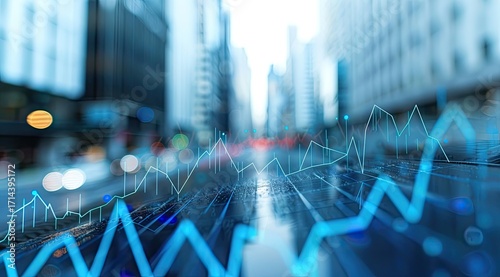 Abstract image depicting financial data overlaid on a blurred cityscape background, suggesting the dynamism of urban markets and global finance