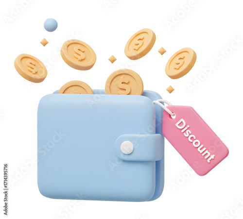 3D Wallet with Coins and Discount Tag – Money, Savings, and Finance Concept Isolated on Transparent Background PNG illustration