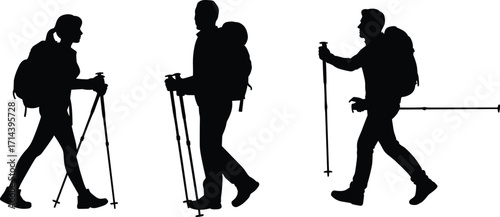 Silhouette collection of hikers with backpacks and trekking poles, outdoor adventure, mountain hiking, camping activity, nature exploration isolated on white background, vector illustration