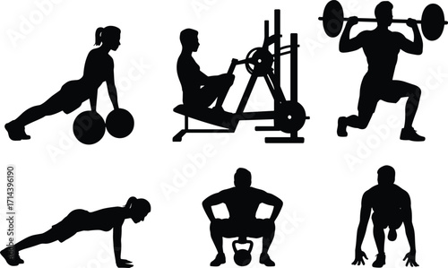 Silhouette collection of men and women doing fitness training, weightlifting, kettlebell workout, push ups, rowing exercise, functional gym workout, strength conditioning