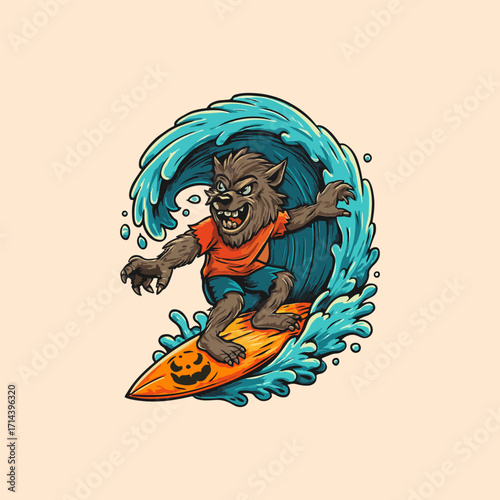 A werewolf rides a surfboard through a massive wave.