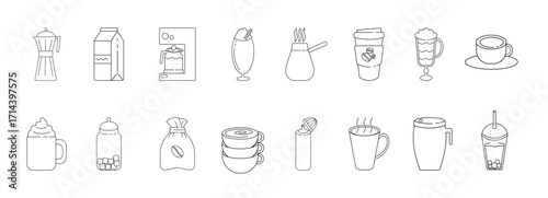 Coffee icons. Geometric coffee and tea pattern in minimalist style. Abstract print background with simple shapes for coffee shop, food packaging, cafe wall, menu.
