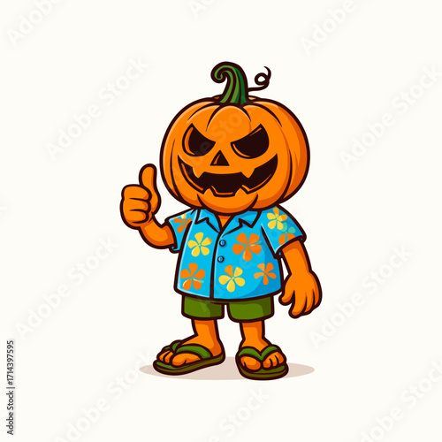 Cute Cute Halloween Pumpkin in a Hawaiian Shirt giving a thumbs up