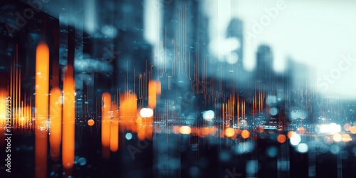Abstract, glowing waves pulse over a blurred business cityscape.Glowing lines and dots suggest dynamic data flow, financial trends, technological advancement and connectivity.
