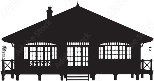 black silhouette of bungalow on white background, vector