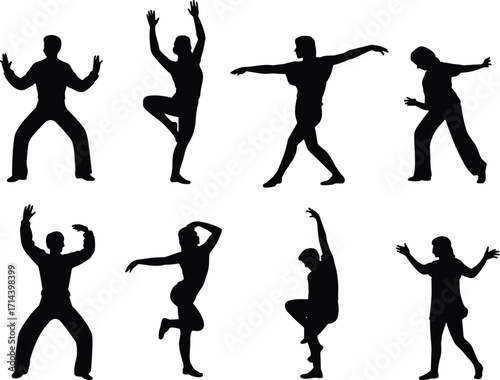 Silhouette illustration of dancers in various poses, performing modern dance, artistic movement, expressive choreography, creative body motion, performance art vector design