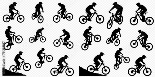 Collection of black silhouettes depicting mountain bikers in various dynamic poses, riding and performing tricks.