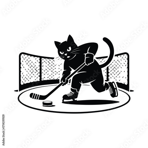 Black cat playing hockey on ice with net in background silhouette