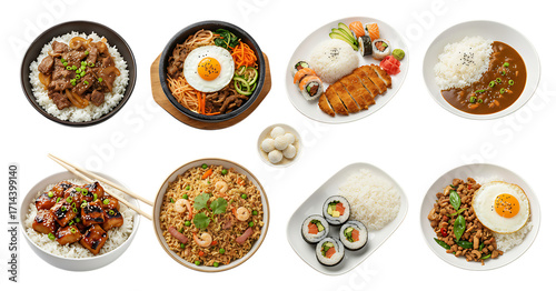 Assortment of asian dishes and sushi rolls isolated on transparent background