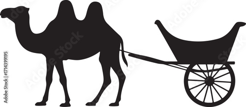 black silhouette of camel cart on white background, vector