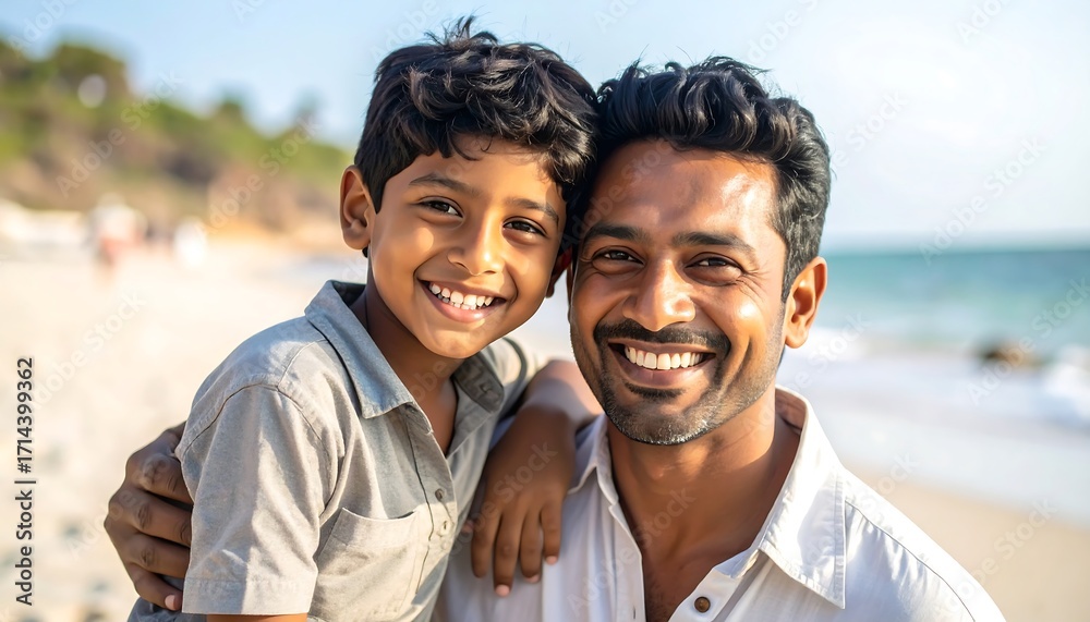 Obraz premium Happy father and son at beach
