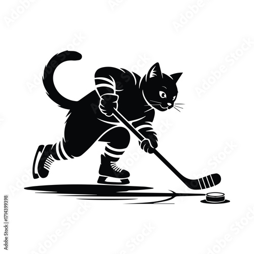 Black cat hockey player silhouette playing a game of ice hockey