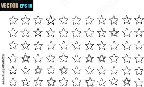A collection of hand drawn star outlines in various styles and sizes presented as a repeating pattern on a white background for design elements