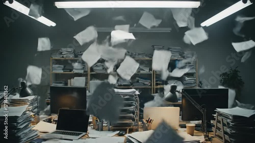 Chaotic Office Workspace with Flying Papers - A messy business office scene with stacks of documents and papers flying through the air, creating a chaotic and overwhelming atmosphere.