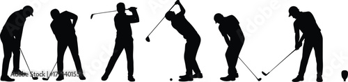 Silhouette illustration of golfer in multiple swing poses, golf player practicing shots, black vector design representing sports action, training, competition, and recreation