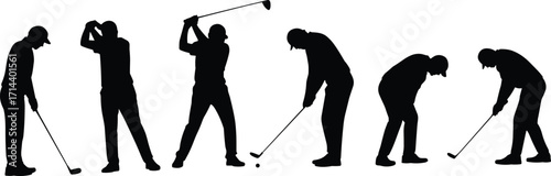 Silhouette illustration of golfers practicing swing and putting, professional golf sport, outdoor recreation, athletic movement, golf training, competitive game, vector design