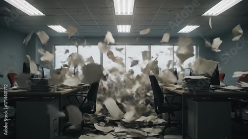 Chaotic Office Paper Explosion - Stacks of documents are blown around a messy office workspace in a powerful explosion of papers. The scene depicts chaos and disarray in a business setting.