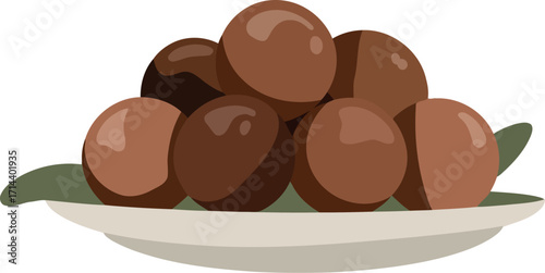 Healthy brown meatballs on white plate with green leaves vector