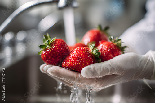 Vibrant Fresh Strawberries Gently Washed and Cradled in a Gloved Hand.
