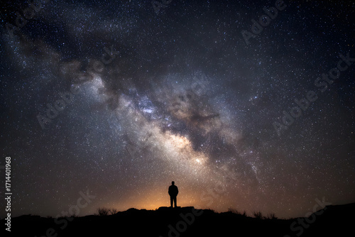 Lost in Wonder, a Figure Stands Against the Majestic Backdrop of the Milky Way Galaxy