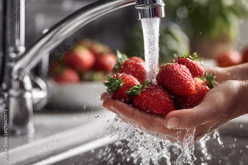 A Juicy Strawberry Bathed in Cool Water, Held Tenderly in a Palm with flowing water