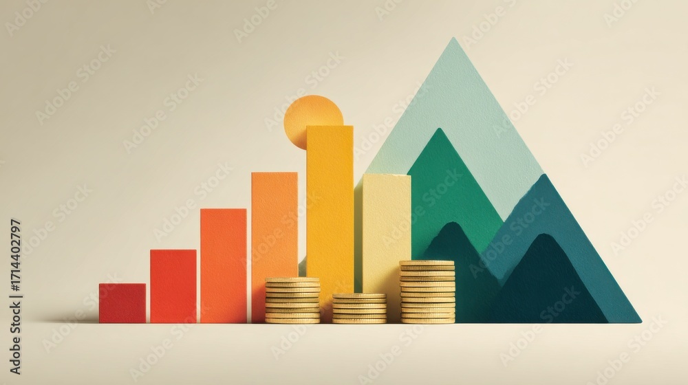 Fototapeta premium Inco minimalist infographic shows stacked coins signifying growth bars against a mountain backdrop, suggesting financial progress and minimalist design principles.