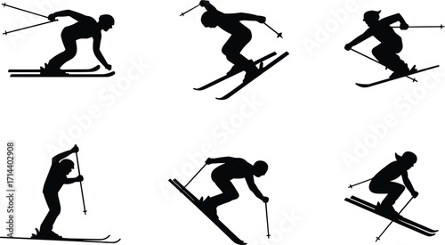 Silhouette illustration of skiers performing various skiing actions, winter sports vector design, skiing athletes in motion, outdoor adventure, extreme snow sport activities artwork