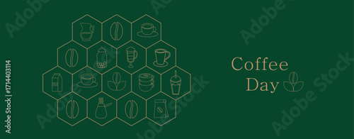 International Coffee Day. October 1st. Geometric banner with simple lines. Coffee elements, cup, beans, and coffee machine.