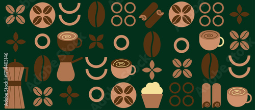 Geometric coffee and tea pattern. Abstract print background with simple shapes for coffee shop, food packaging, cafe wall, menu.