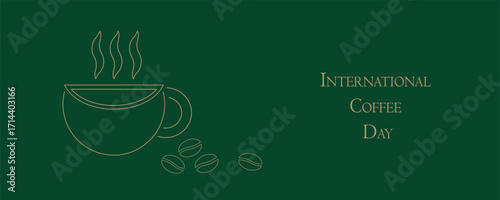 International Coffee Day. October 1st. Geometric banner with simple lines. Coffee elements, cup, beans, and coffee machine.