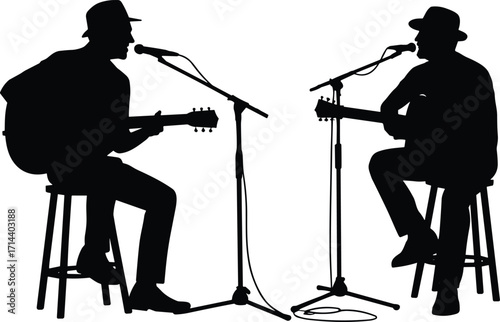 Silhouette illustration of two male musicians wearing hats, playing acoustic guitars, singing into microphones on stage, live performance, music concert, artistic entertainment background