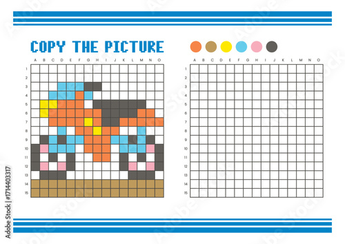 Copy the picture grid drawing worksheet for kids. Pixel art motorcycle