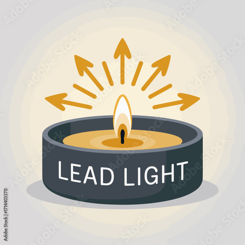 Warm glowing candle with 'lead light' inscription radiating gentle illumination and arrows of light in a softly colored artistic representation for concepts of hope guidance and inspiration vector