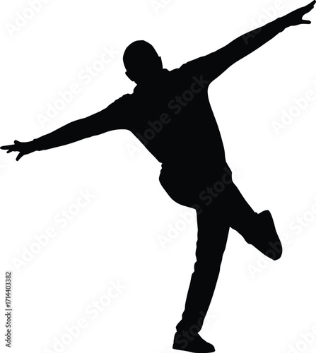 Silhouette man balancing with arms outstretched, artistic pose on one leg, abstract movement, dance performance, freedom expression, isolated black figure on white background