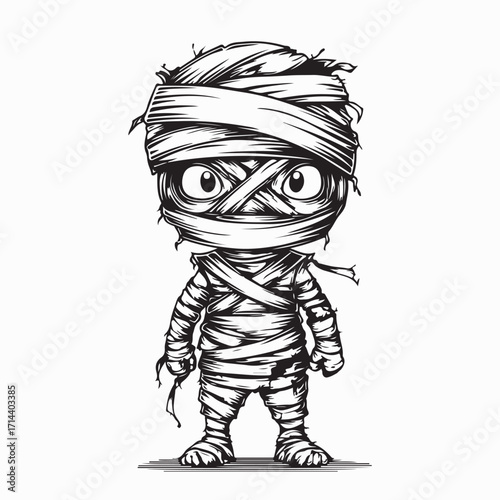 Cute Spooky Mummy Character Vector Drawing on a White Background