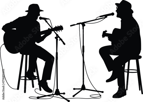 Silhouette musicians playing acoustic guitar on stage, singing into microphones, live performance, concert illustration, artistic expression, duet performance, music culture and creative entertainment