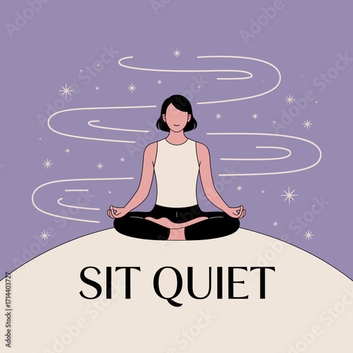 Serene woman meditating in lotus pose atop rolling hill with swirling lines and stars peaceful mindful calmness nature scene vector
