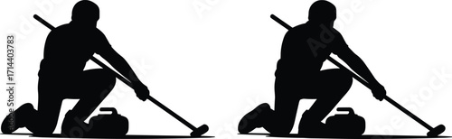 Silhouette of curling players in action with broom and stone, professional winter sports athletes performing curling game on ice surface, teamwork concept