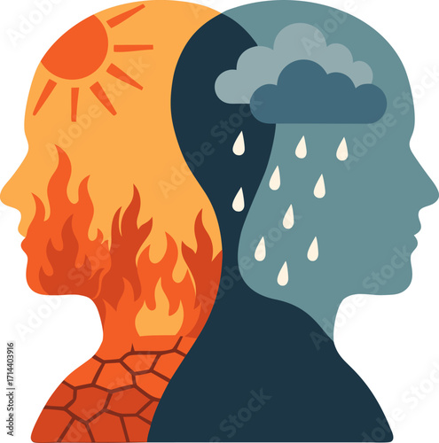 A conceptual graphic draw the psychological duality of the human mind: emotional contrast and inner conflict. It shows two opposing profiles. Ideal for mental wellness and human psychology