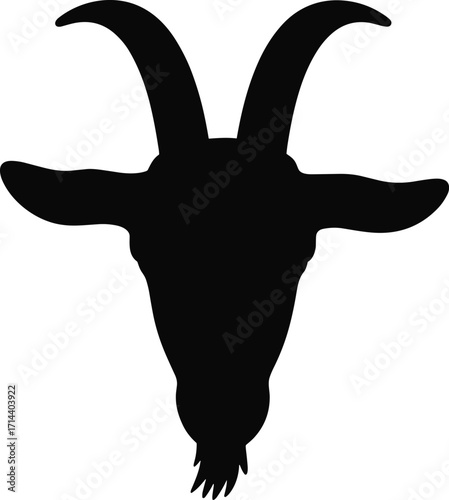 Silhouette of goat head with long horns and beard, farm animal livestock symbol, black vector illustration design for agriculture, nature, countryside themes