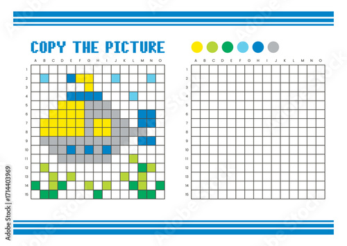Copy the picture grid drawing worksheet for kids. Pixel art submarine