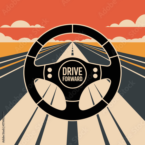 Steering wheel driving on open road sunset symbolize journey forward progress and automotive adventure vector