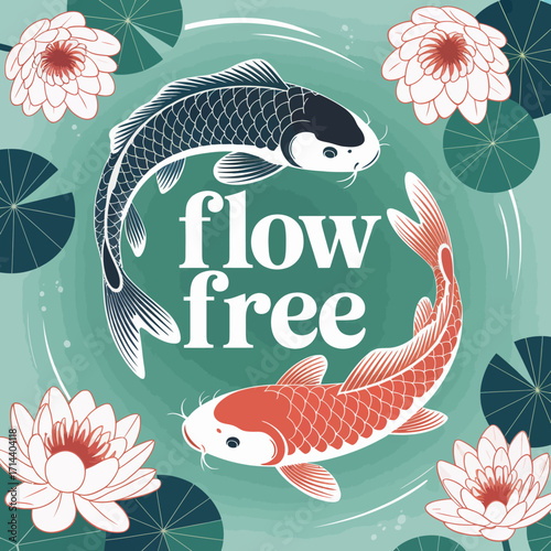 Serene koi fish embrace water lilies and lotus flowers in harmonious zen garden pond scene inspiring calmness and balance vector