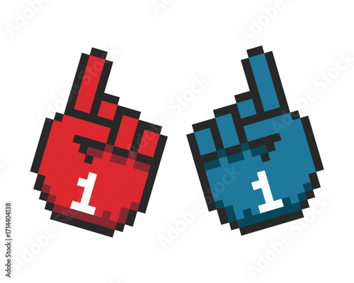 Pixel fan hand, Foam fan finger hand with number one. Pixel fan arm gloves with finger up, support for the team in the sports championship.