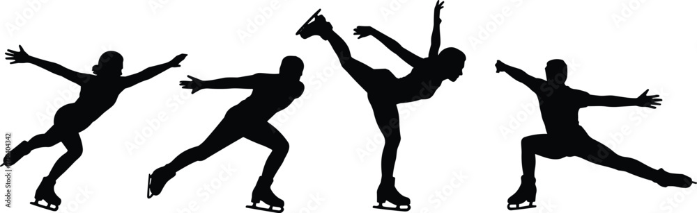 Obraz premium Silhouette of professional figure skaters performing graceful moves and jumps on ice, artistic winter sports athletes showcasing balance, elegance, flexibility, and strength in performance