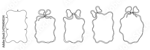 Whimsical wedding frame doodle set in black and white. Coquette boarders with bows and ribbons in sketch style. Hand drawn Vintage vector illustration for Valentines Day and Christmas