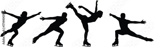 Silhouette of professional figure skaters performing graceful moves and jumps on ice, artistic winter sports athletes showcasing balance, elegance, flexibility, and strength in performance