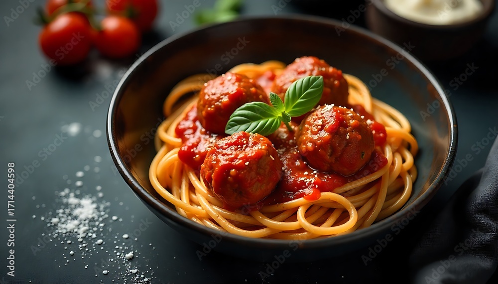 Fototapeta premium Delicious spaghetti and meatballs in rich tomato sauce, garnished with fresh basil, a comforting classic meal.
