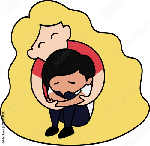 A supportive woman comforting a distressed man. This graphic conveys deep themes of empathy, mental health support, and the profound impact of human connection in moments of emotional vulnerability.