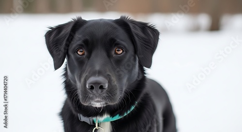 A beautiful black Labrador retriever mix dog with soulful eyes in the snow.
